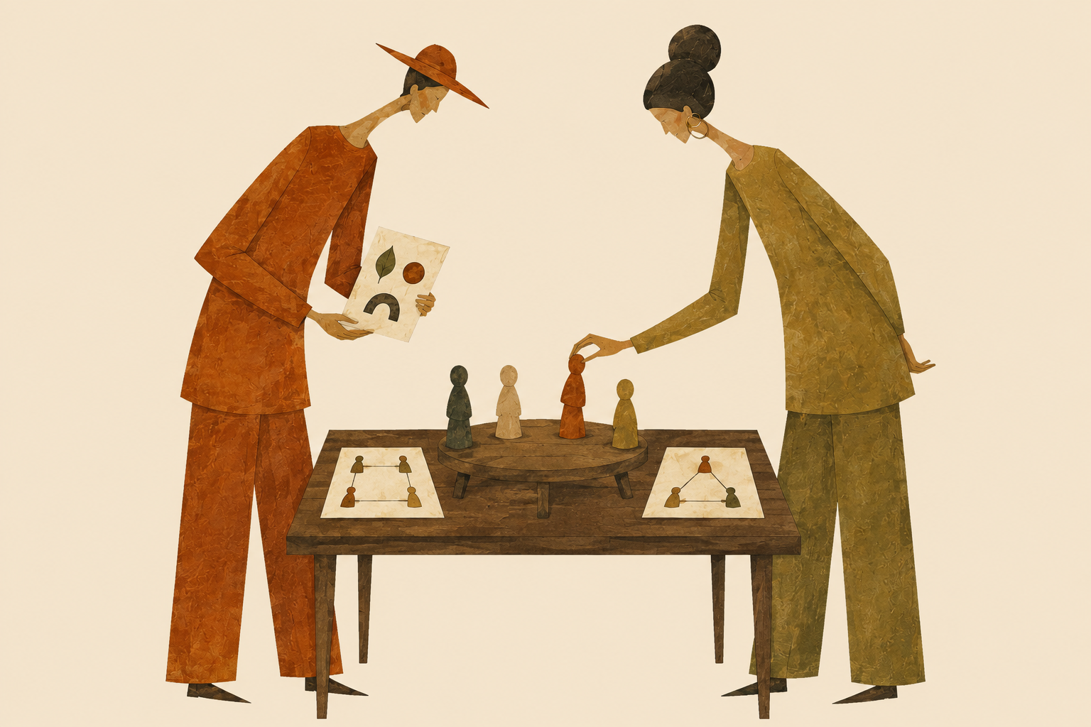 Two people explore a model discussion using miniature figures and alternative arrangements