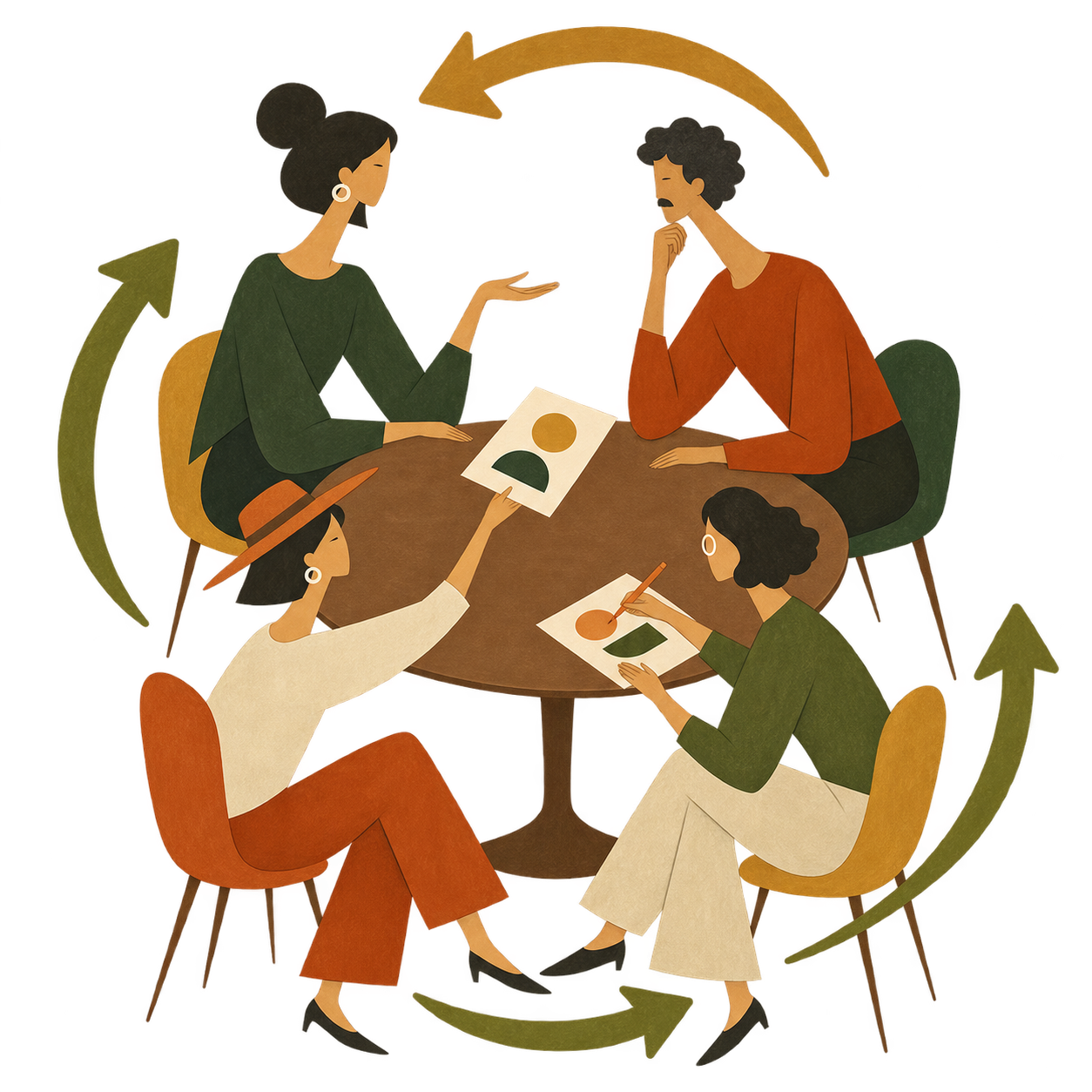 People passing, discussing and revising proposals in a continuing loop