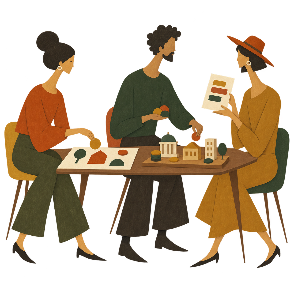 Three people expressing preferences, allocating resources and explaining the result