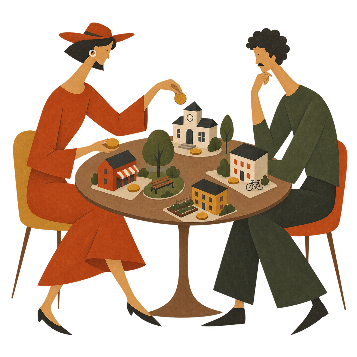 Residents distributing tokens among an imagined neighbourhood’s shared amenities
