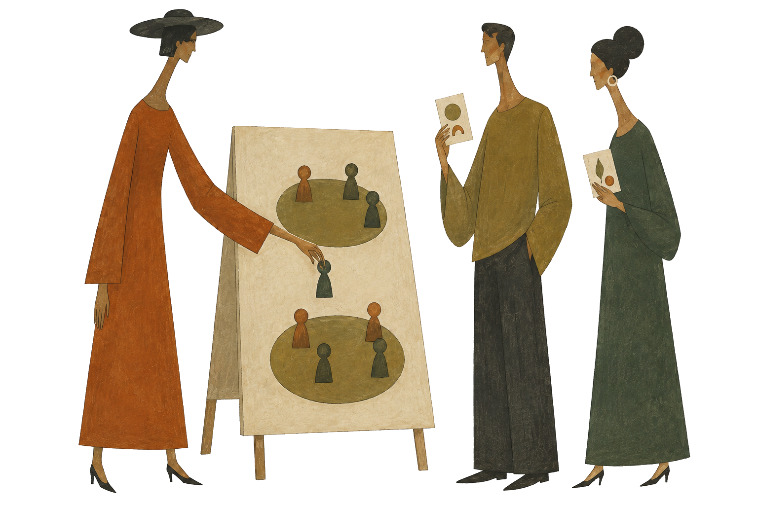 Three illustrated people bringing different perspectives to a shared discussion board