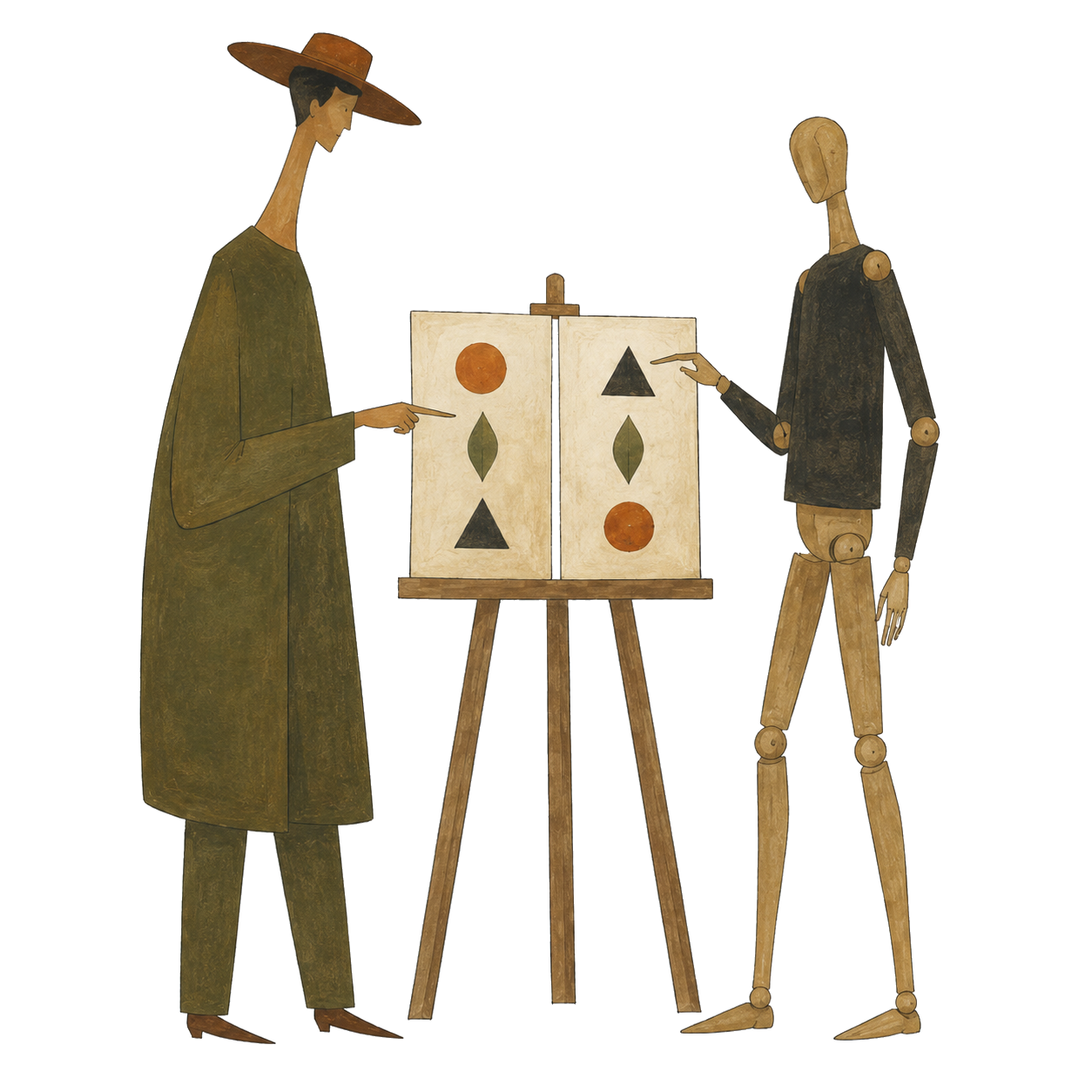 An illustrated person and a wooden mannequin compare preference cards