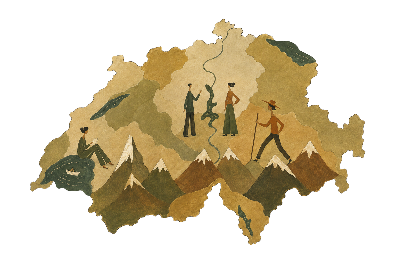 Illustrated Switzerland with people and shared places